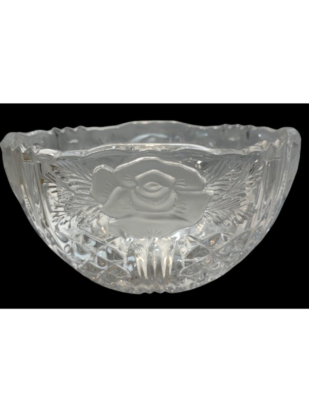 Vintage Clear Pressed Glass Bowl With Rose Pattern Scalloped Edges And Textured